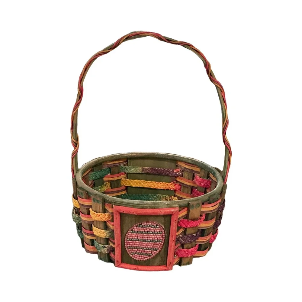 Vintage Multi Color Woven Wood Easter Basket Beaded Detail Boho Decor 13in Tall